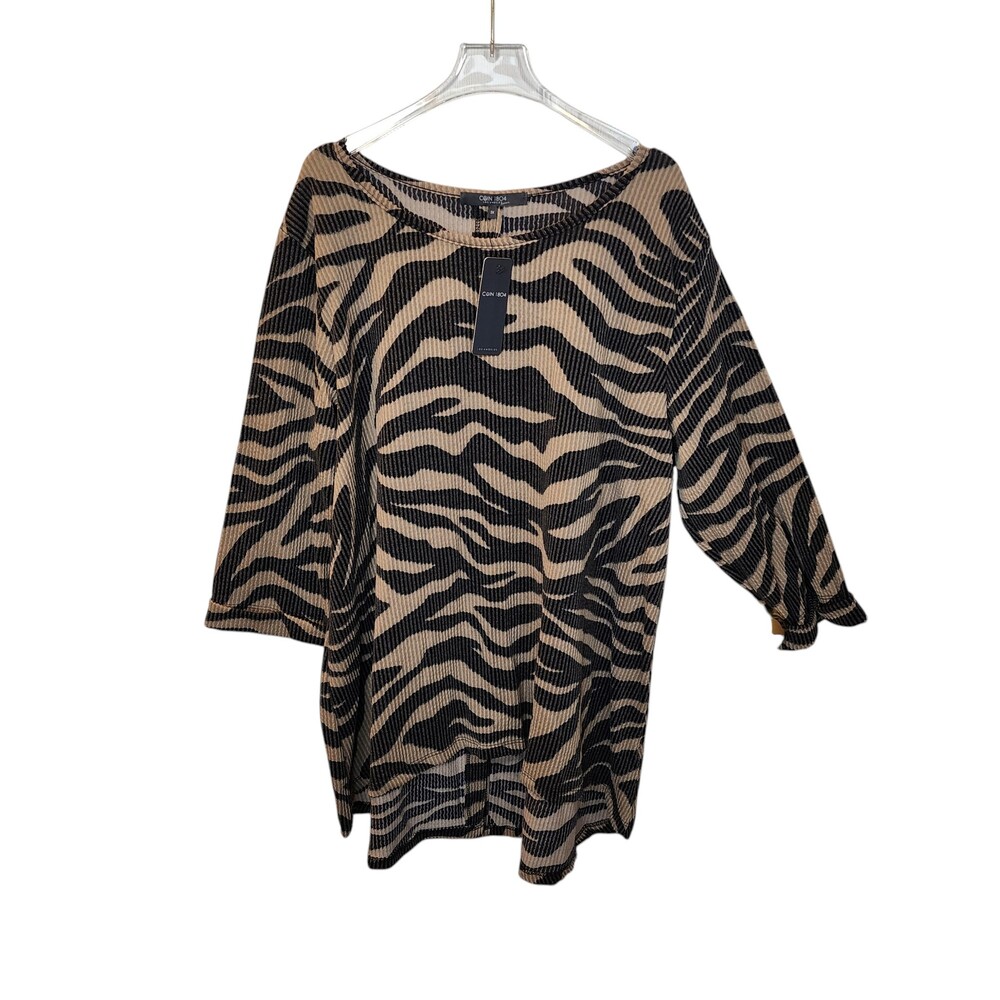 COIN 1804 Zebra Print Ribbed Knit Button Back High Low Tunic Blouse NWT Size 3X